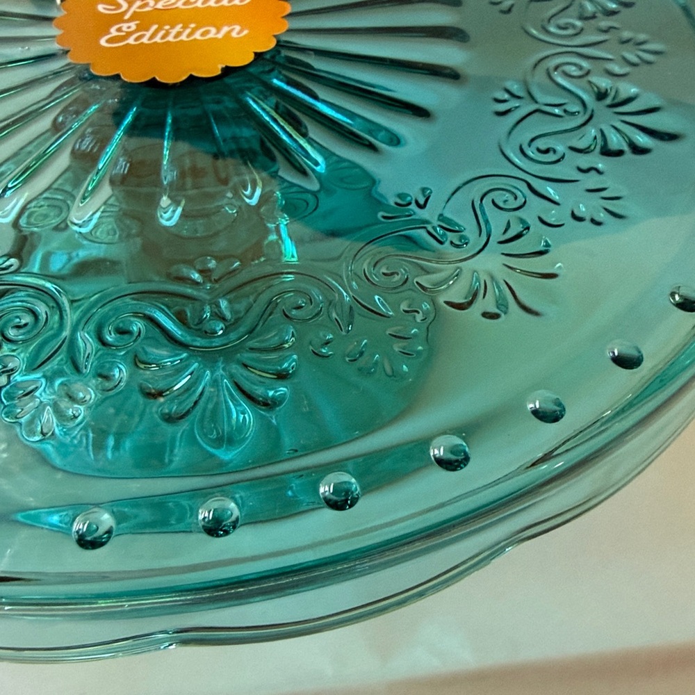 Pioneer Women Special Edition Cassie teal color glass cake stand - Picture 3 of 10